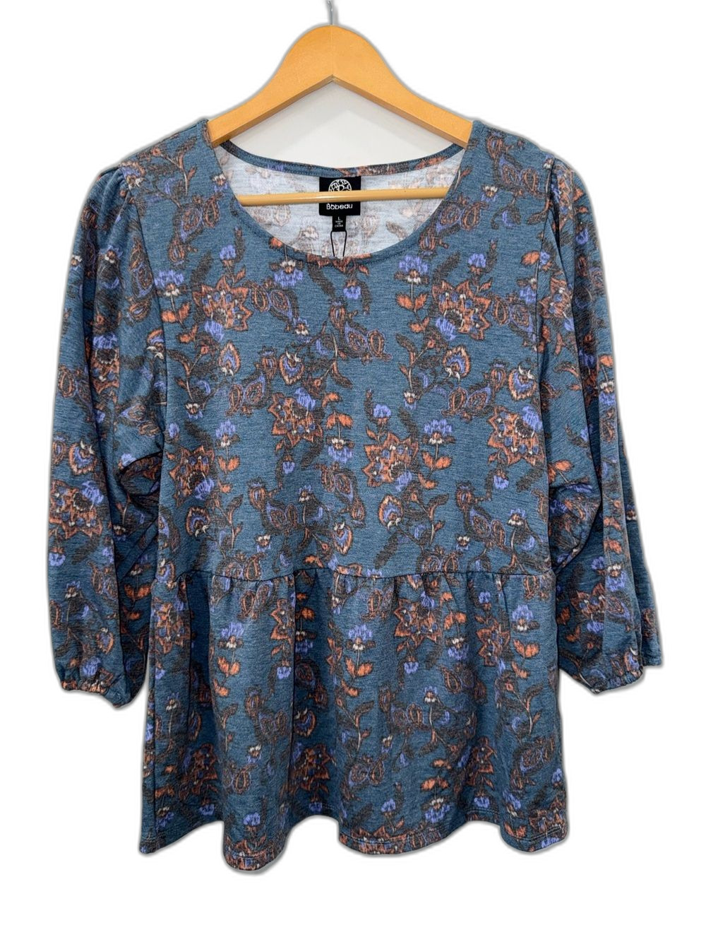 Bobeau Blue Floral Peplum Top with Rust and Lavender Accents Women’s Large NWT !